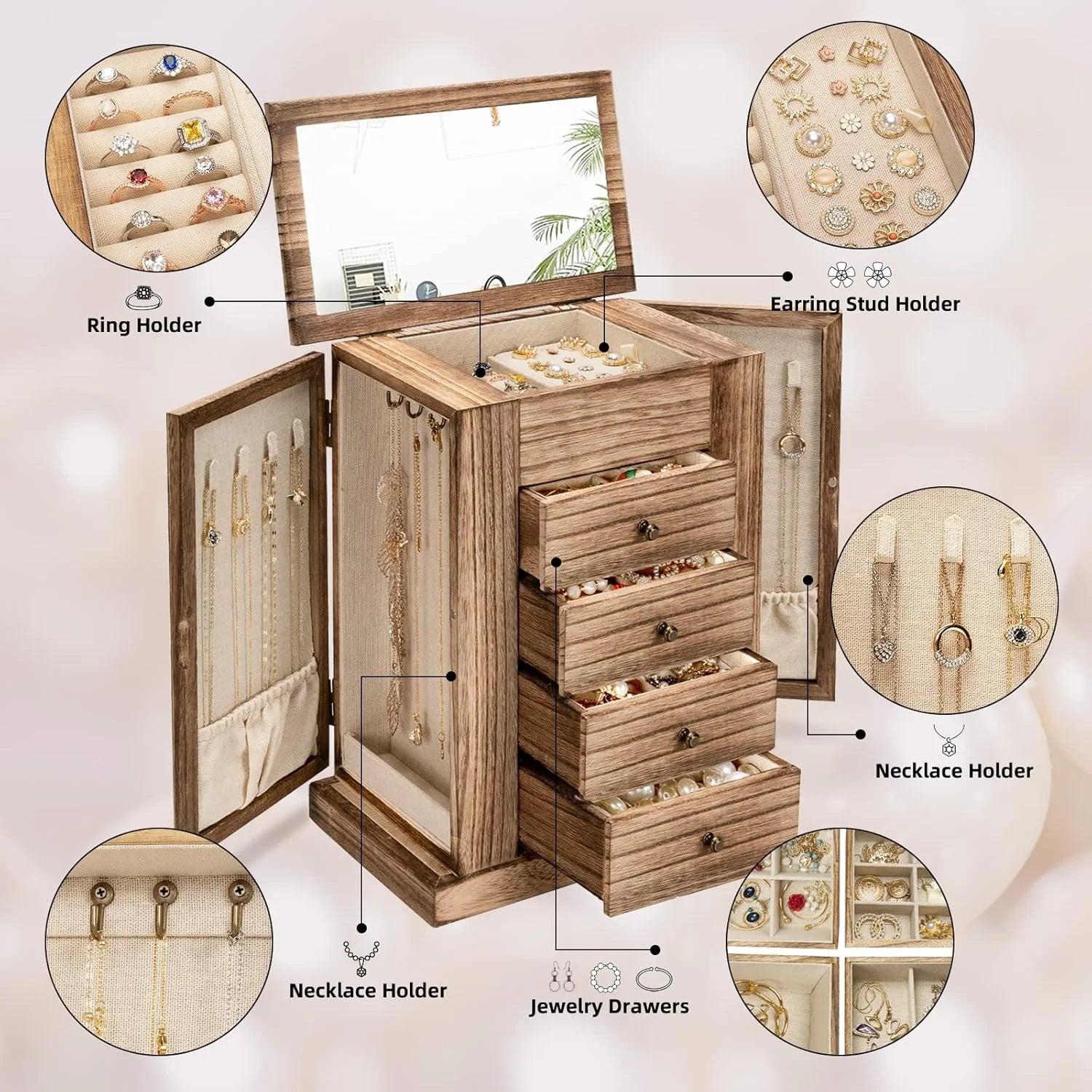 Sfugno Jewelry Box for Women, 5 Layer Large Wooden Jewelry Organizer Box with 4 Drawers and Mirror