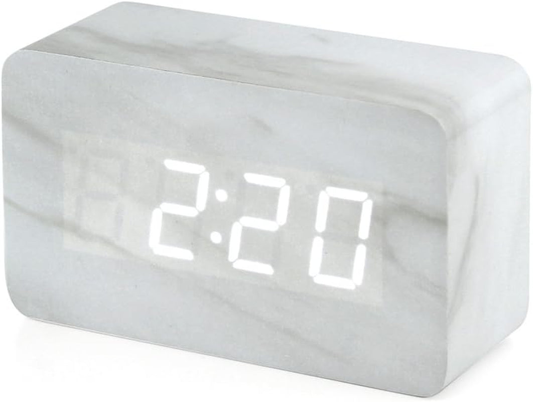 Marble Pattern Alarm Clock, Fashion Multi-Function LED Digital Alarm Clocks Stone Cube with USB Power Supply, Voice Control, Timer, Thermometer - White