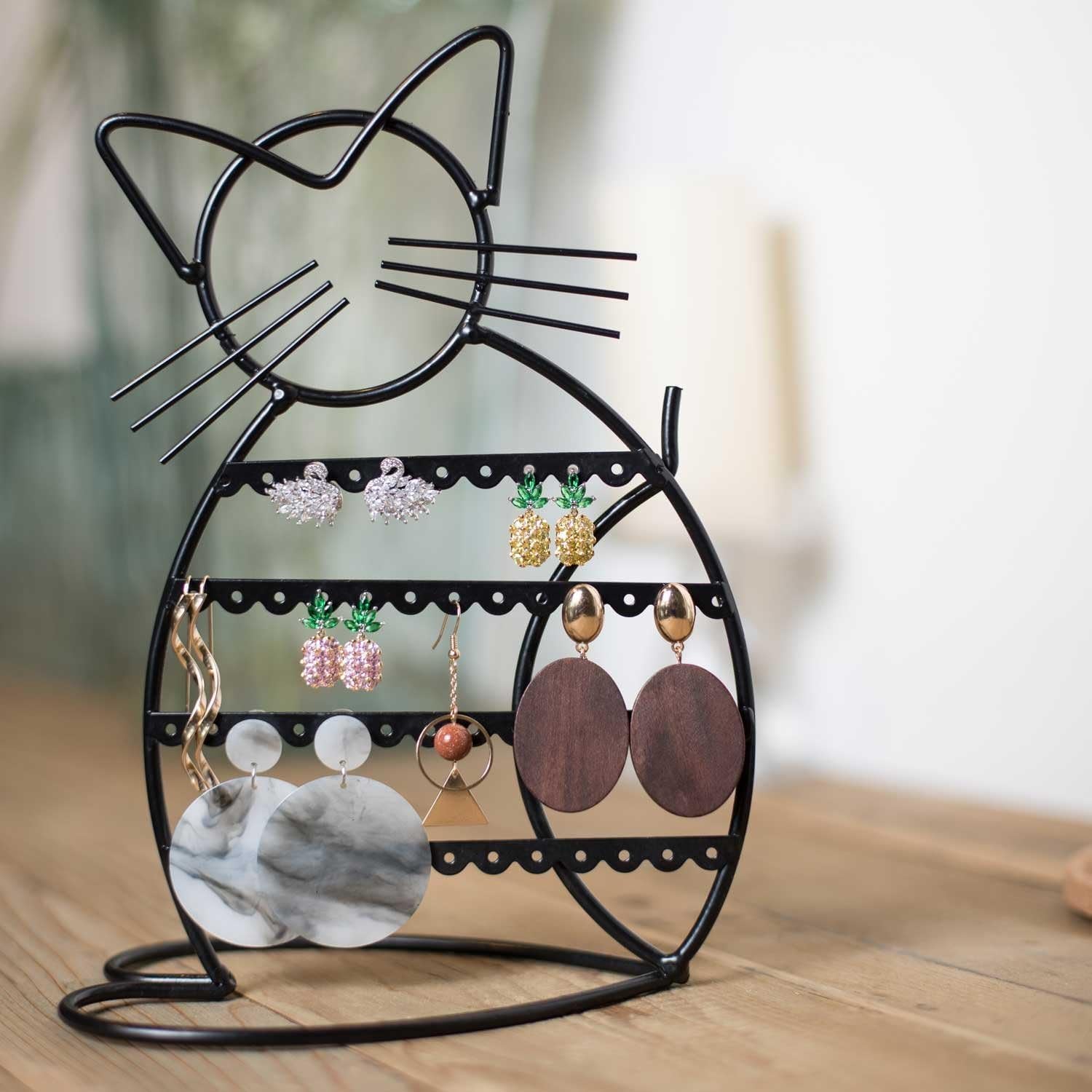 Jewelry Organizer Stand Cat Shaped Earring Holder Organizer Metal 48 Stud Earring Holes Jewelry Holder, Metal Jewelry Display Vanity Organizer for Girls - Black