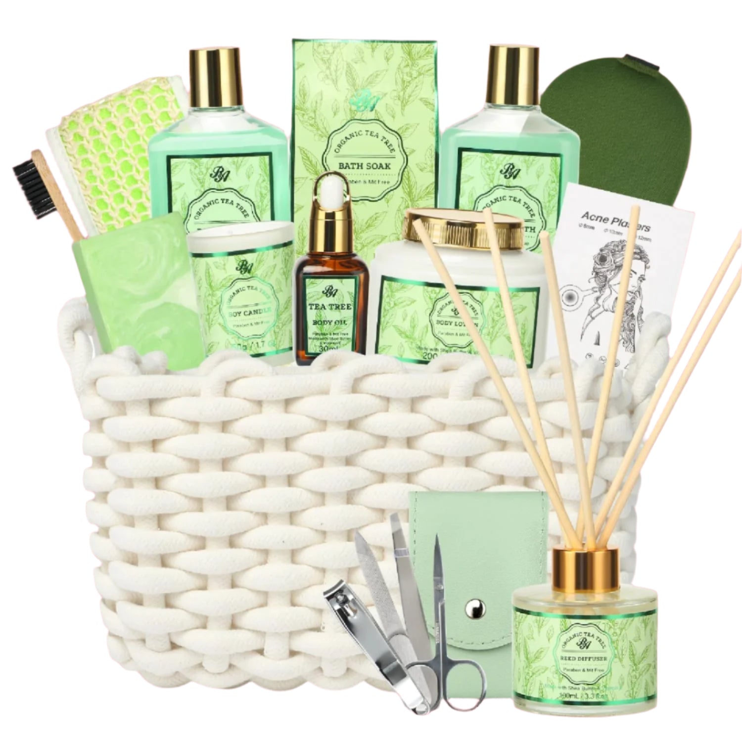 Spa Gift Set for Women, 15Pcs Spa Basket Set -Tea Tree Scented- Includes Body Wash, Bubble Bath, Bath Soak, Manicure Set, Gifts for Mom, Birthday Gifts for Women, Home Spa Kit Gift for Her