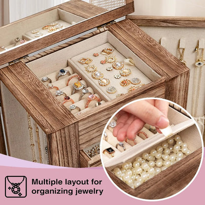 Sfugno Jewelry Box for Women, 5 Layer Large Wooden Jewelry Organizer Box with 4 Drawers and Mirror