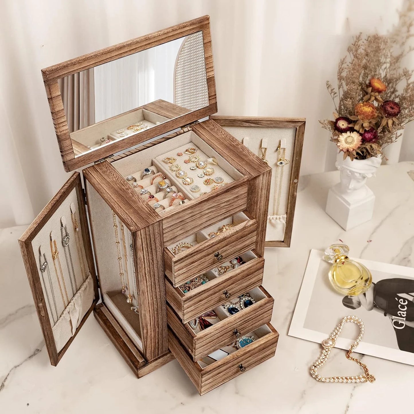 Sfugno Jewelry Box for Women, 5 Layer Large Wooden Jewelry Organizer Box with 4 Drawers and Mirror