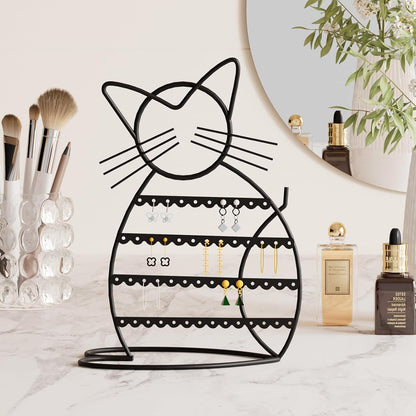 Jewelry Organizer Stand Cat Shaped Earring Holder Organizer Metal 48 Stud Earring Holes Jewelry Holder, Metal Jewelry Display Vanity Organizer for Girls - Black