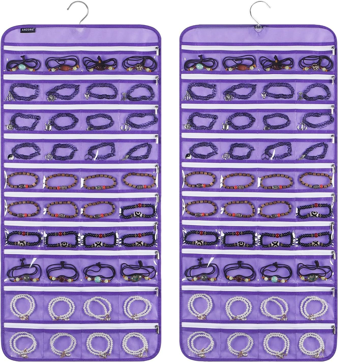 80 Zippered Pockets Hanging Jewelry Organizer for Holding Jewelries Dual-Sided Accessory Display Holder for Earrings Bracelets Rings (80 Zippered Pockets-Purple)