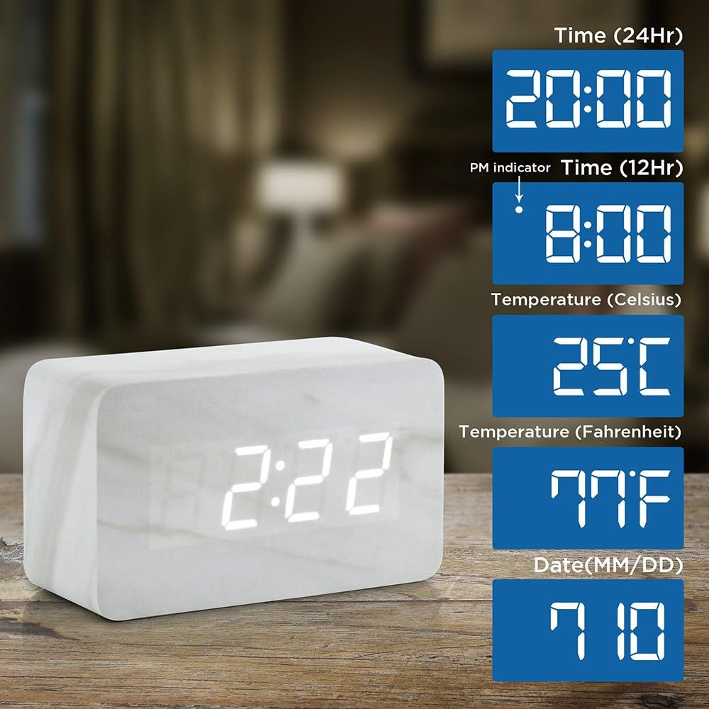 Marble Pattern Alarm Clock, Fashion Multi-Function LED Digital Alarm Clocks Stone Cube with USB Power Supply, Voice Control, Timer, Thermometer - White