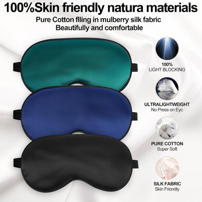 Silk Sleep Mask for Sleeping with Adjustable Strap, Satin Blackout for Men&Women, Comfortable Blindfold Eyeshade for Night Sleep (Black,Blue,Green)