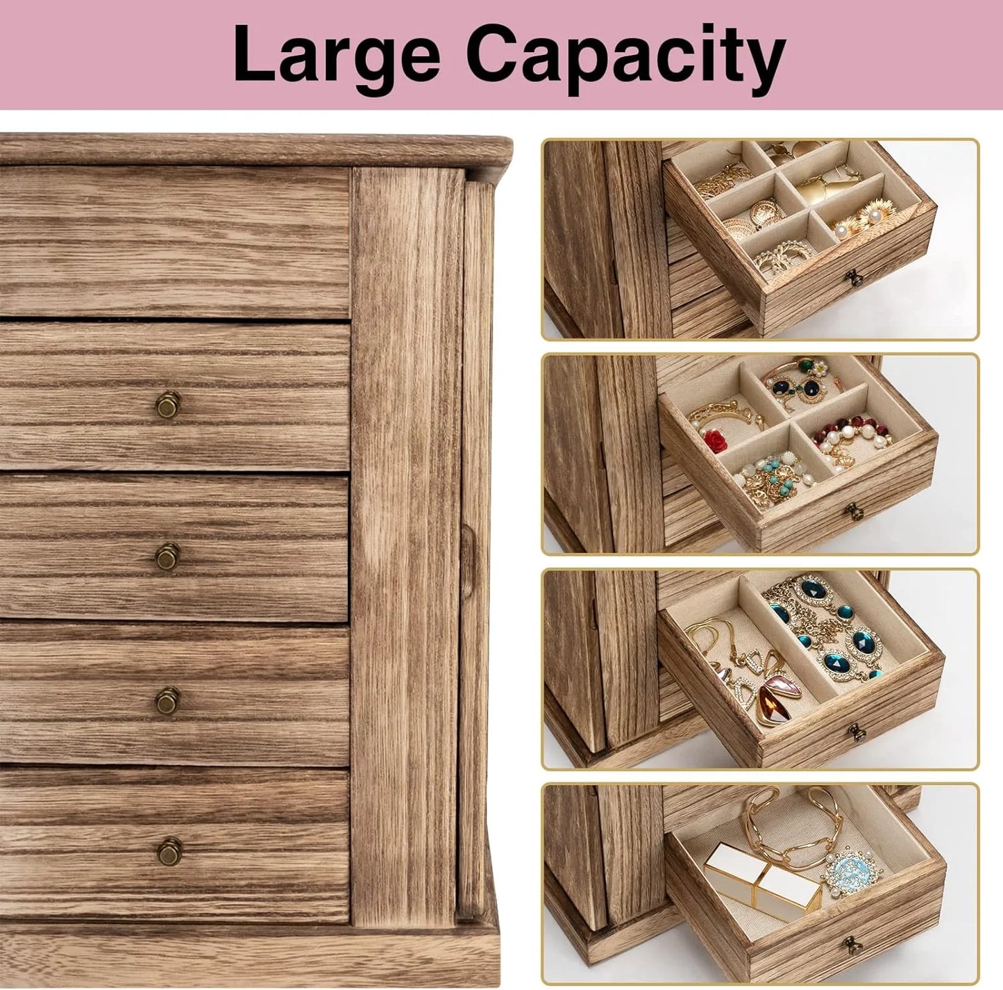 Sfugno Jewelry Box for Women, 5 Layer Large Wooden Jewelry Organizer Box with 4 Drawers and Mirror