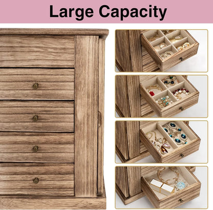 Sfugno Jewelry Box for Women, 5 Layer Large Wooden Jewelry Organizer Box with 4 Drawers and Mirror