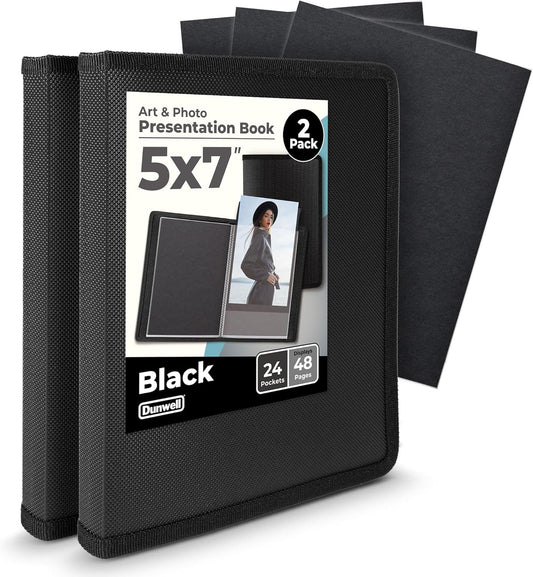 Small Photo Album 5X7 (2-Pack, Black), Mounting Paper 5 X 7 Photo & Art Portfolio Presentation Binder, 24 Sleeves Displays 48 Pages, Professional Picture Book for 5X7 Artwork, Postcards