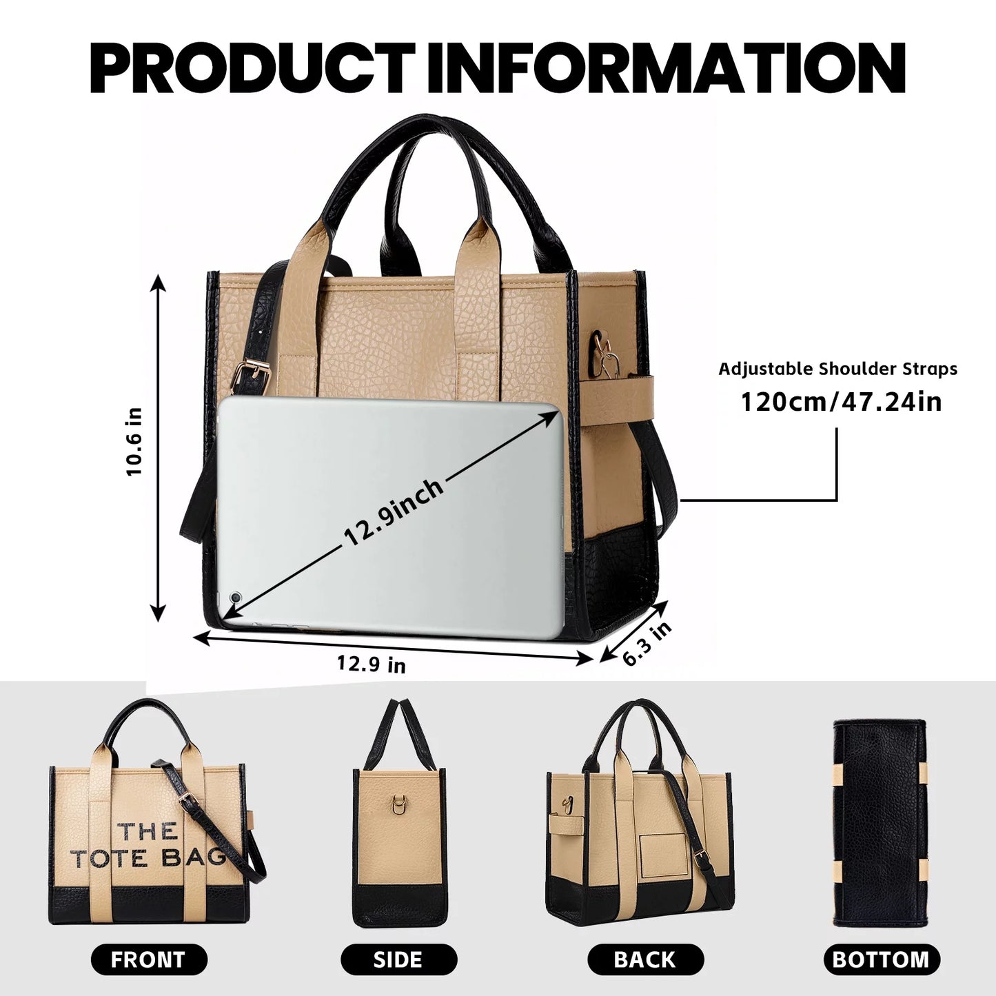 Tote Bags,Leather Dark Khaki Leisure Bags with Zipper,;Large Shopping Handbags for Women