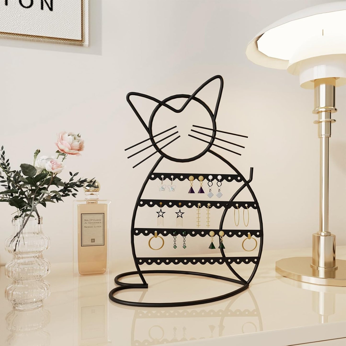 Jewelry Organizer Stand Cat Shaped Earring Holder Organizer Metal 48 Stud Earring Holes Jewelry Holder, Metal Jewelry Display Vanity Organizer for Girls - Black