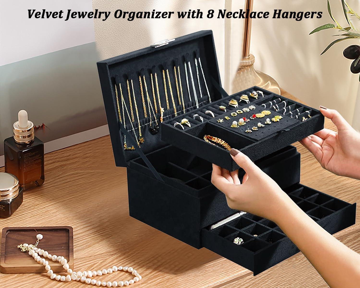 Jewelry Boxes for Women Black Velvet Jewelry Organizer with Lock,Teen Jewelry Organizers and Storage Earring and Necklace Holder Organizer Box Womens Jewelry Box for Necklaces Earrings Rings Bracelets