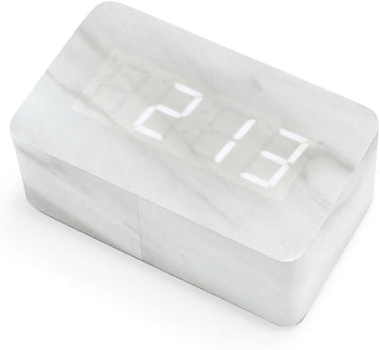 Marble Pattern Alarm Clock, Fashion Multi-Function LED Digital Alarm Clocks Stone Cube with USB Power Supply, Voice Control, Timer, Thermometer - White